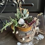 ne composition végétale de plantes succulentes avec un pot ancien en terre cuite, décor de cranes miniatures en résine, galet décoré et chainette