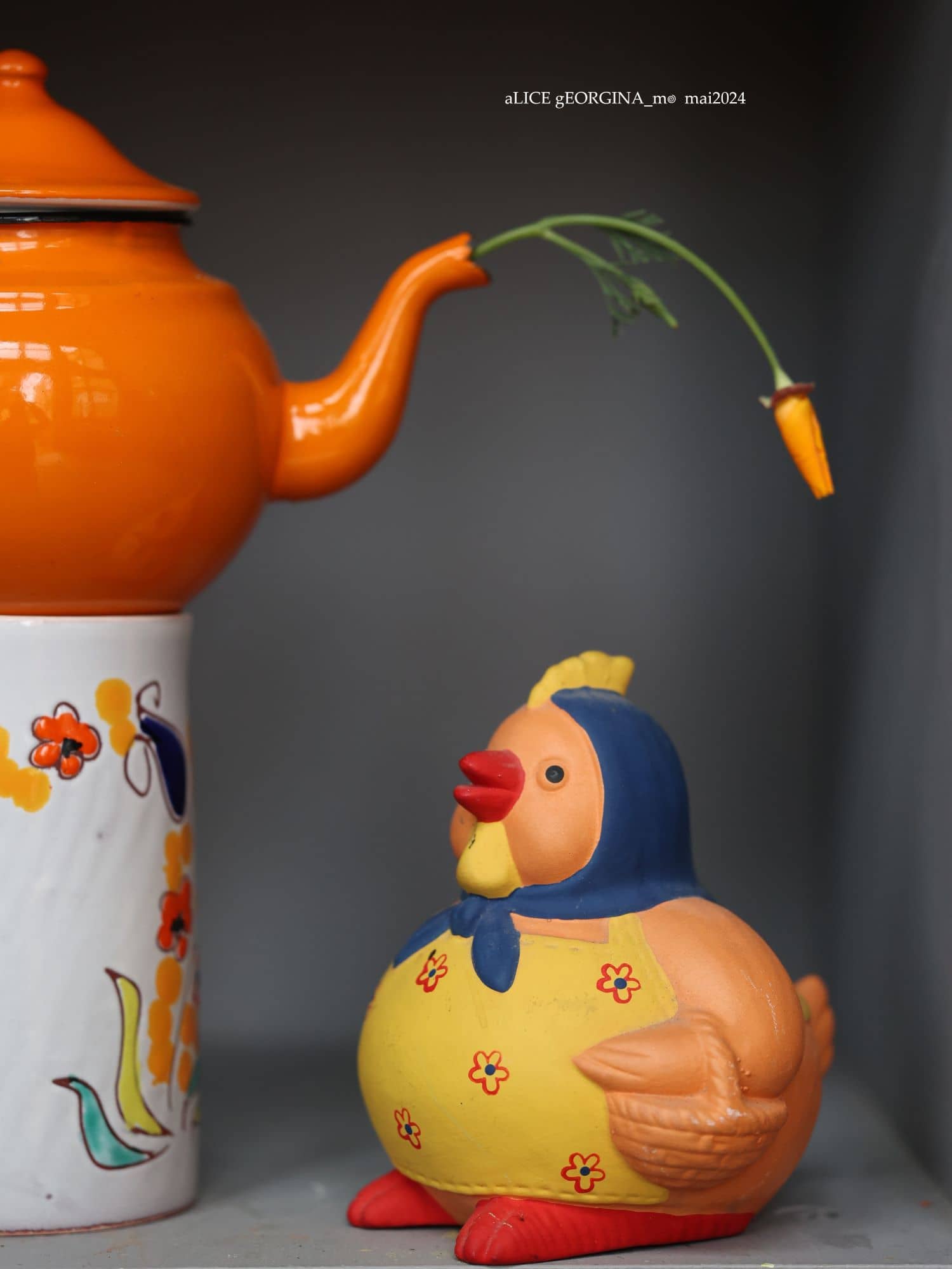 Arrangement d'objets chinés de seconde main, Orange