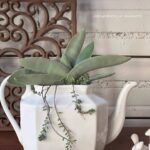 Une composition végétale de plantes grasses avec une théière en porcelaine blanche de style rétro