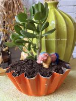 Composition végétale de plantes succulentes avec un moule à brioche en métal orange, patiné et un phacochère miniature en terre vernissé