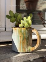 Composition végétale de plantes succulentes avec un mug artisan en grès ocre