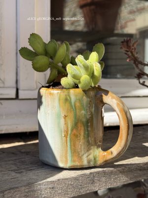 Composition végétale de plantes succulentes avec un mug artisan en grès ocre
